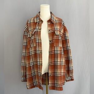 Rust & cream plaid flannel shacket. Cozy, classic, & perfect for layering